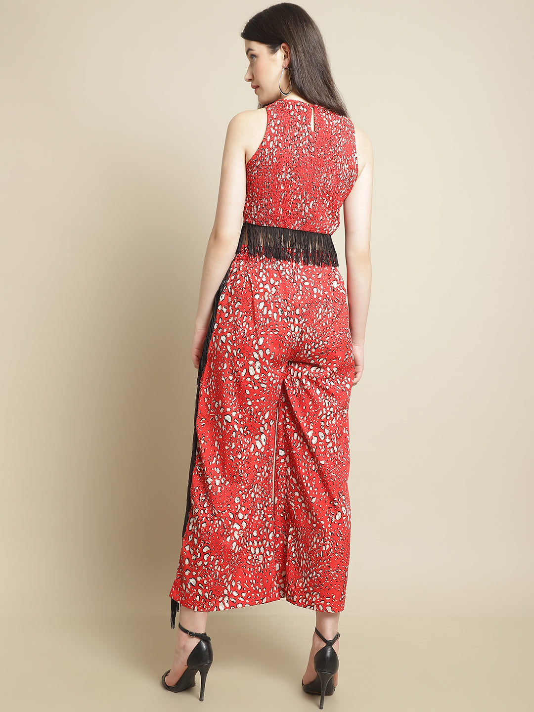Blanc9 Red & Black Fringed Lace Top With Trouser-B9ST53R