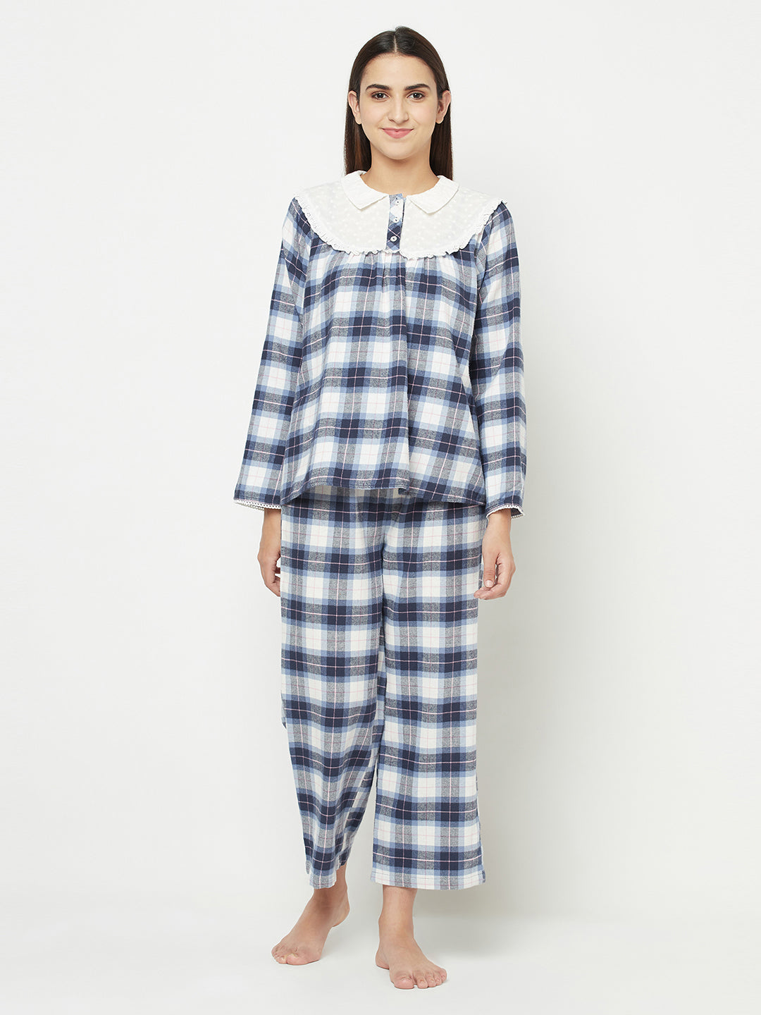 Blanc9 Schiffli Yoke White & Blue Checks Pyjama Set-B9NW24