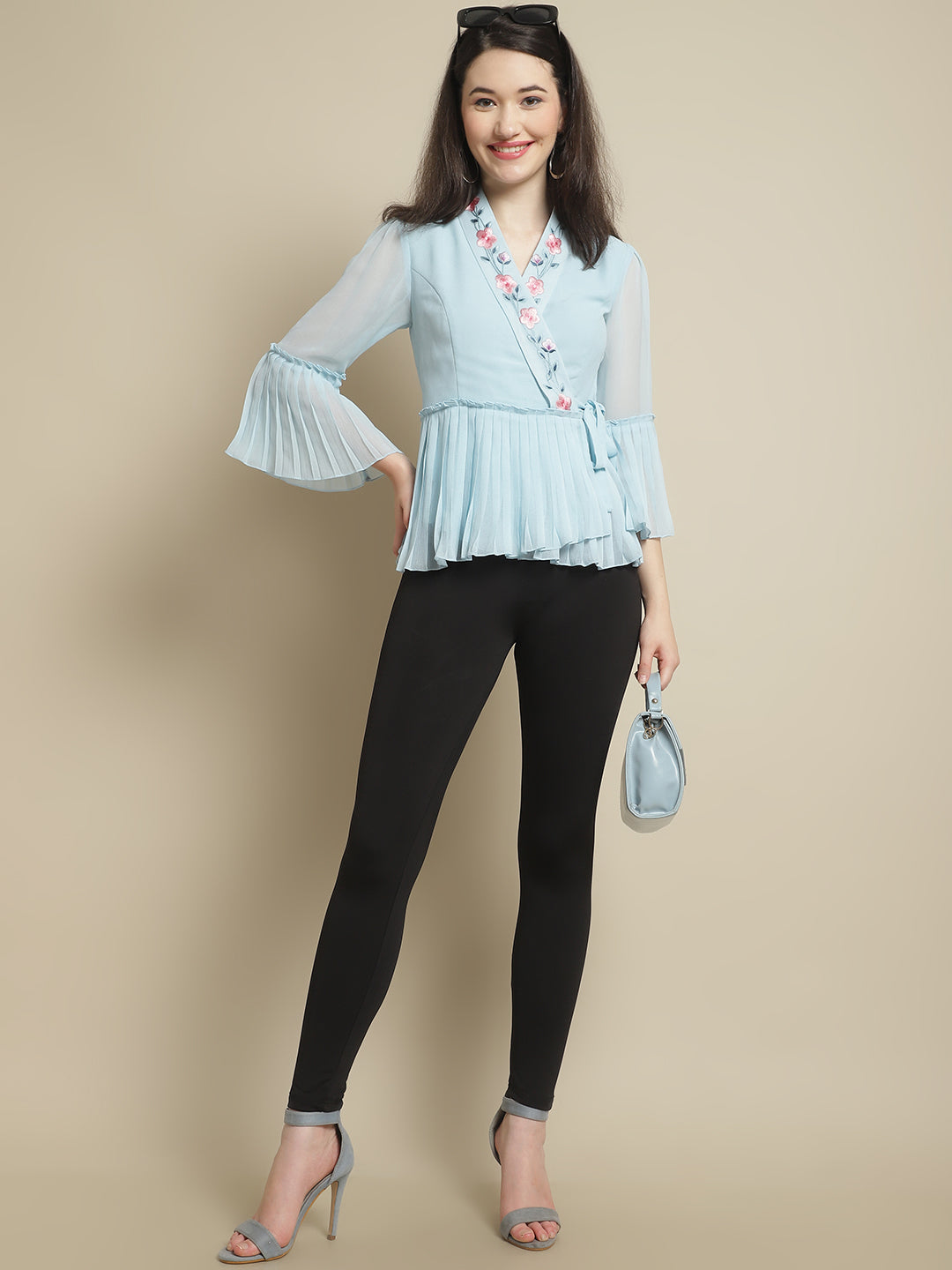 Blanc9 Sky Blue Georgette Top With Ruffle Sleeve-B9TP169