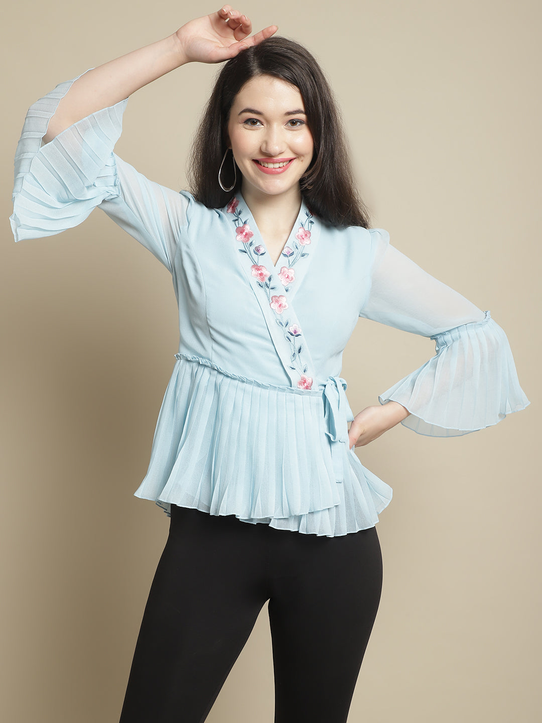 Blanc9 Sky Blue Georgette Top With Ruffle Sleeve-B9TP169