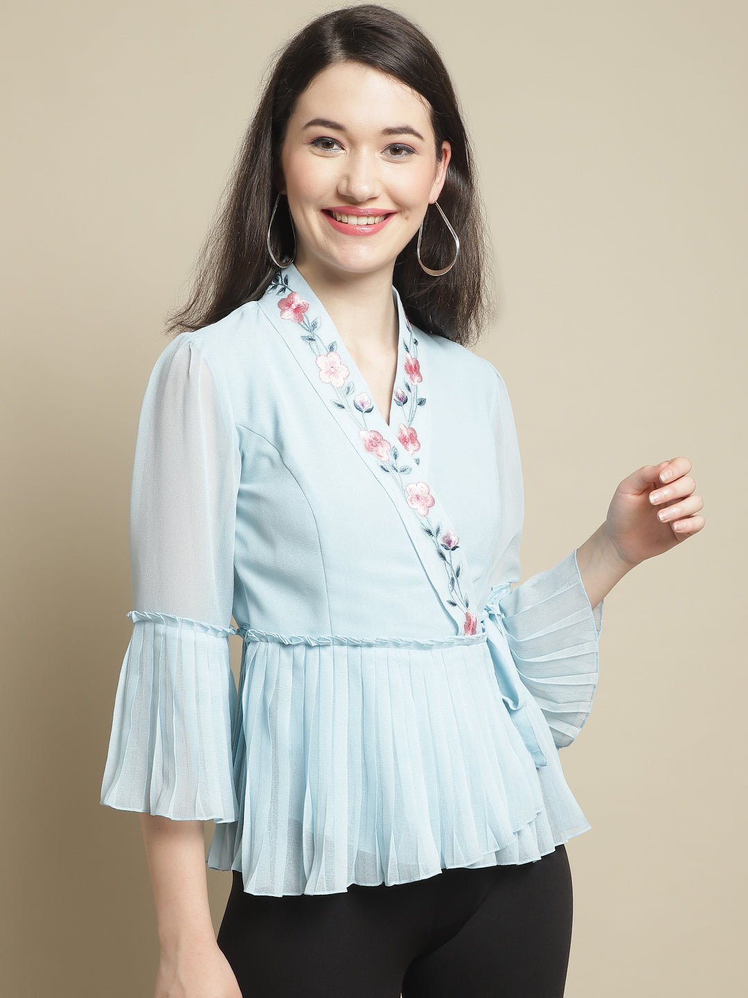 Blanc9 Sky Blue Georgette Top With Ruffle Sleeve-B9TP169