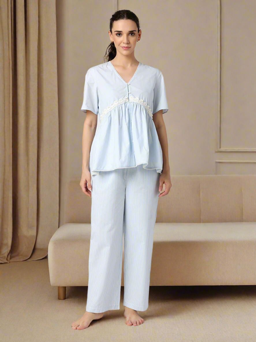 Sky Blue Nightwear With Lace Detail