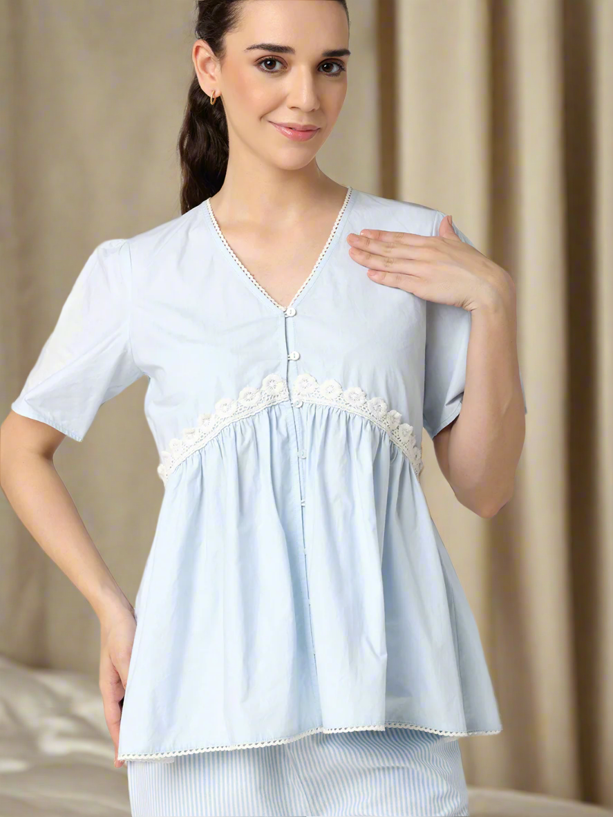 Sky Blue Nightwear With Lace Detail