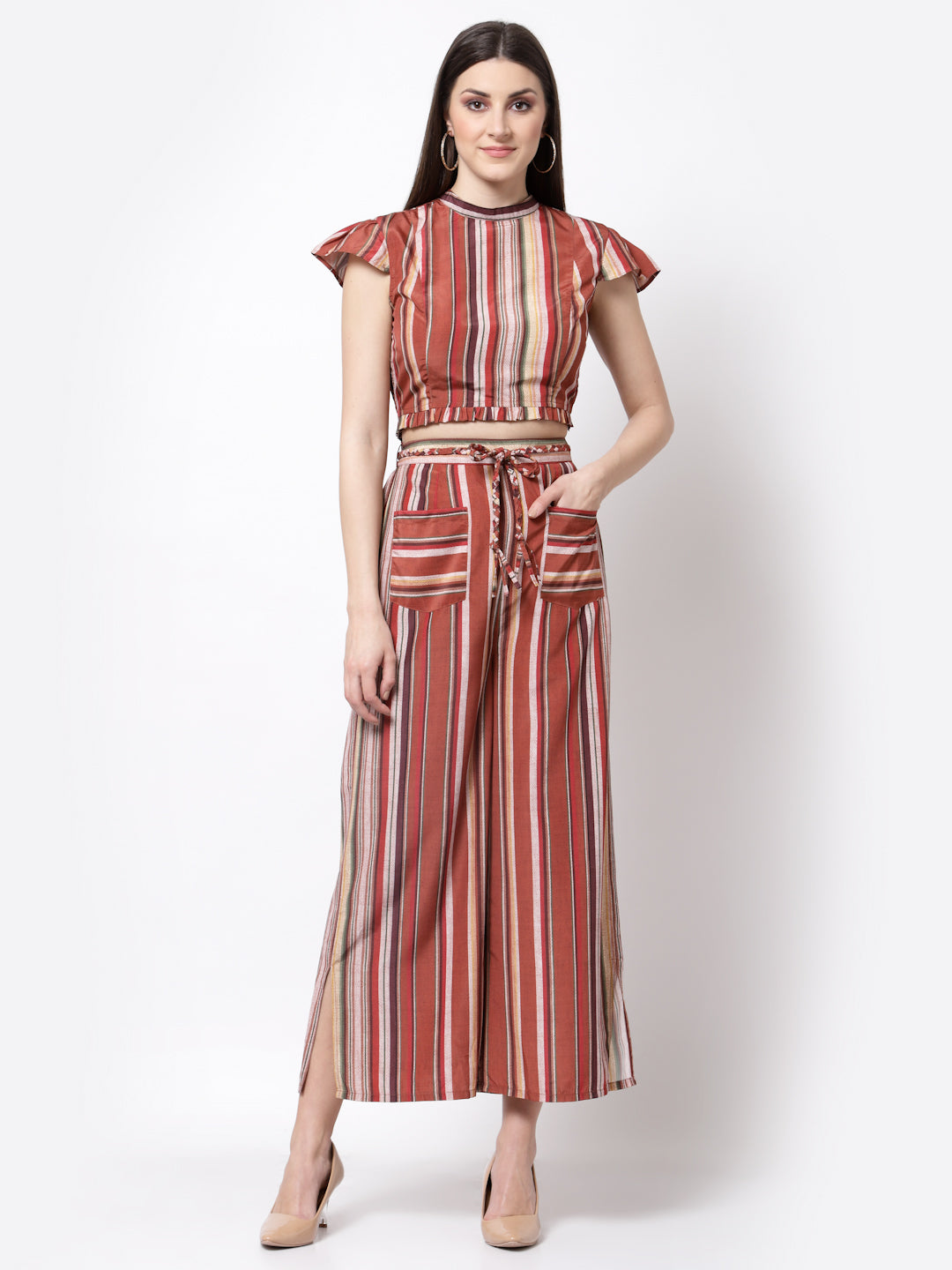 Blanc9 Striper Co-ord Set With Braided Belt-B9ST68