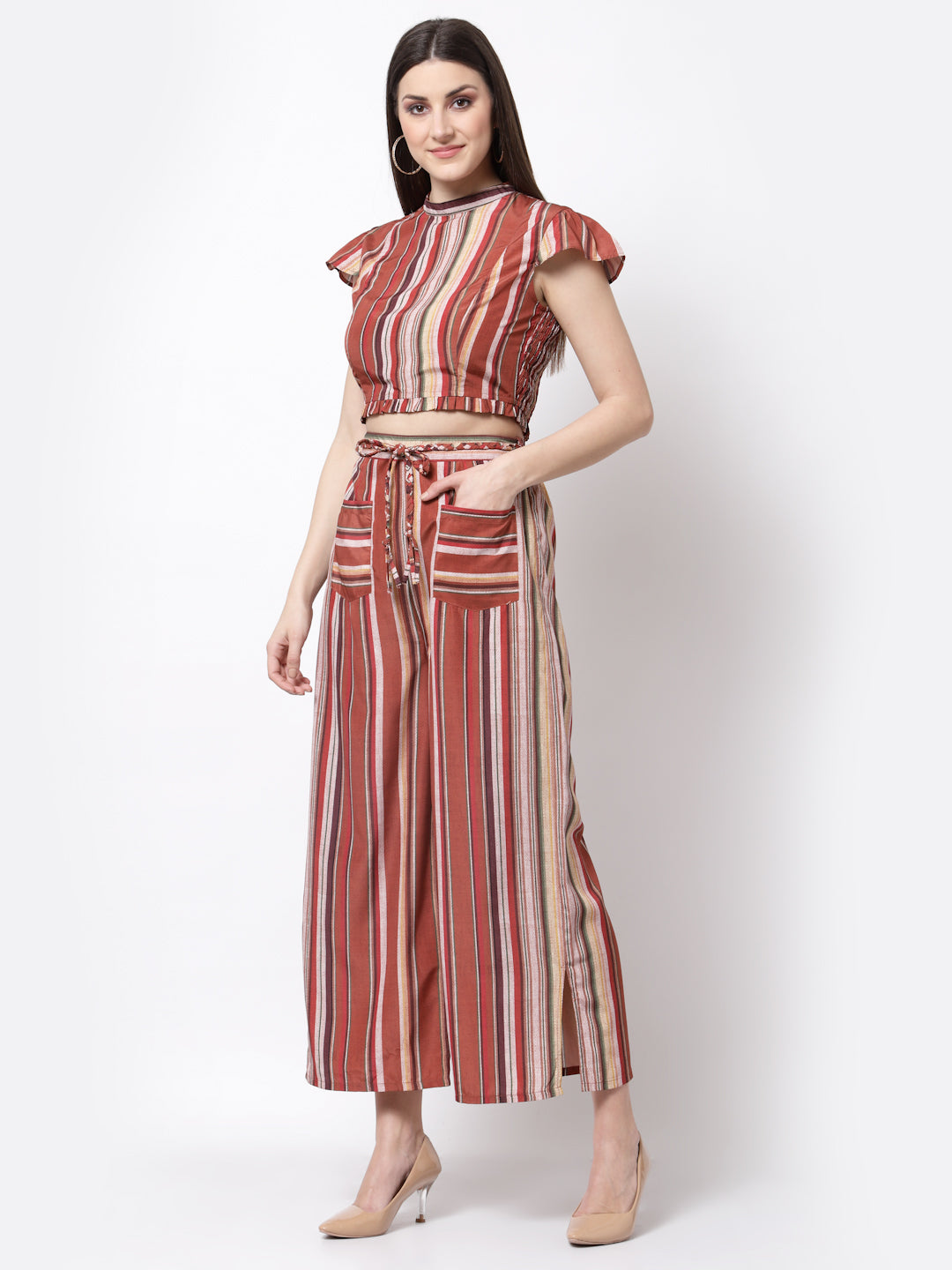 Blanc9 Striper Co-ord Set With Braided Belt-B9ST68