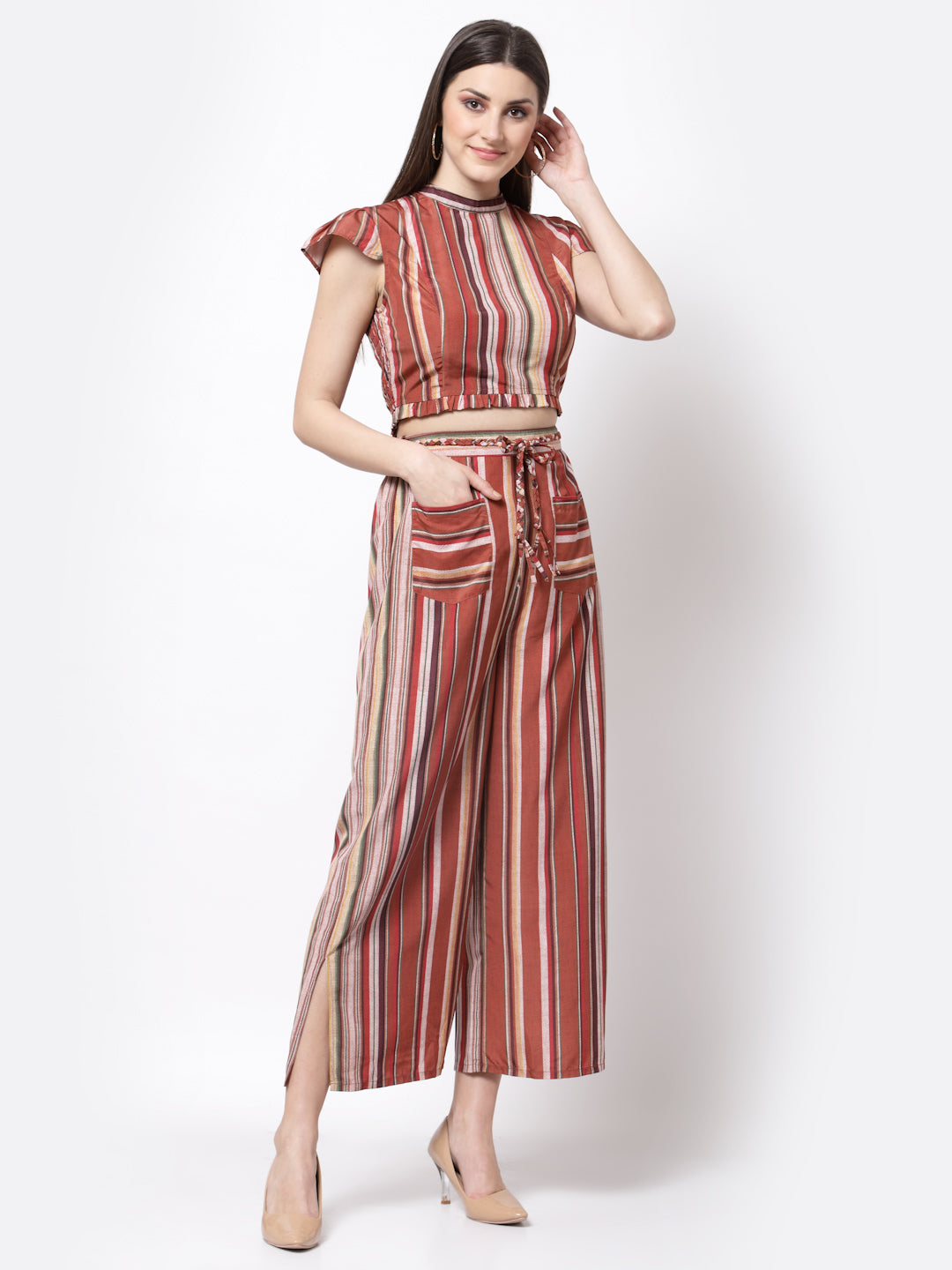 Blanc9 Striper Co-ord Set With Braided Belt-B9ST68