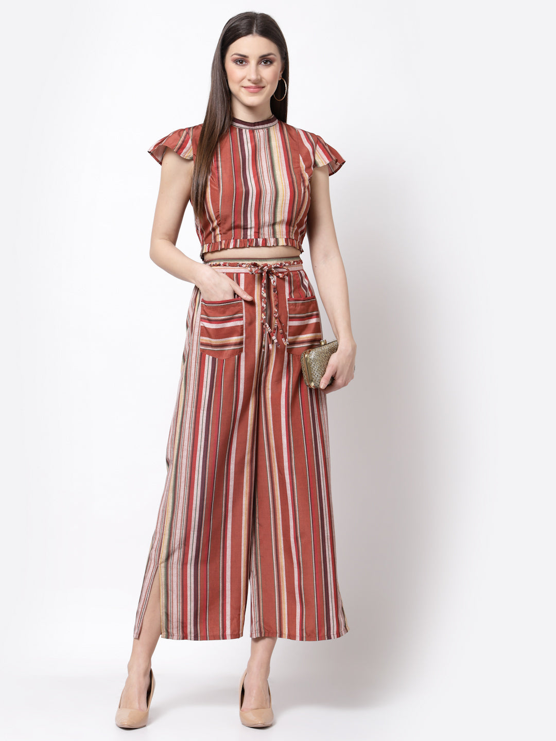 Blanc9 Striper Co-ord Set With Braided Belt-B9ST68