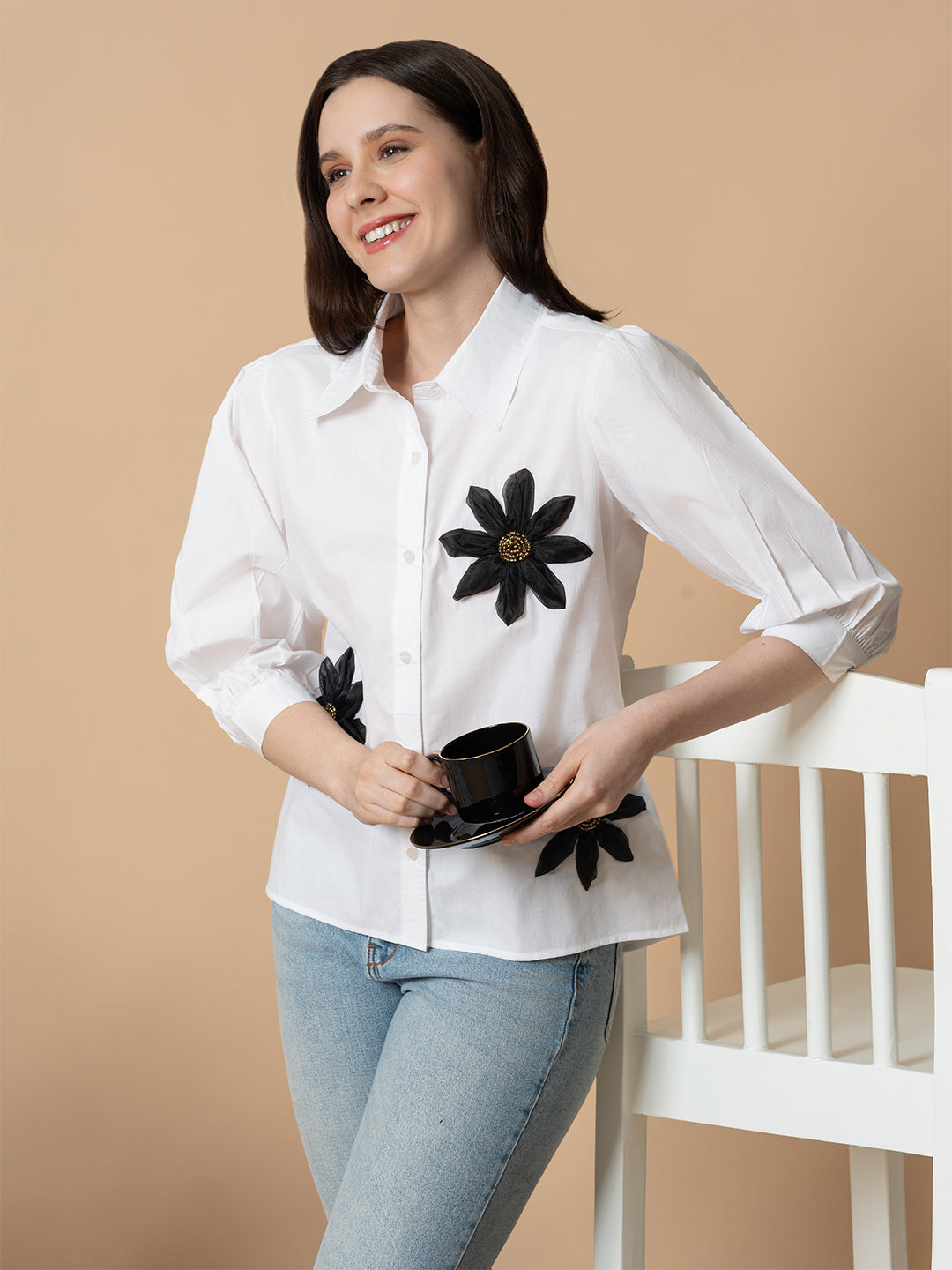 White Shirt With Black 3D Flowers