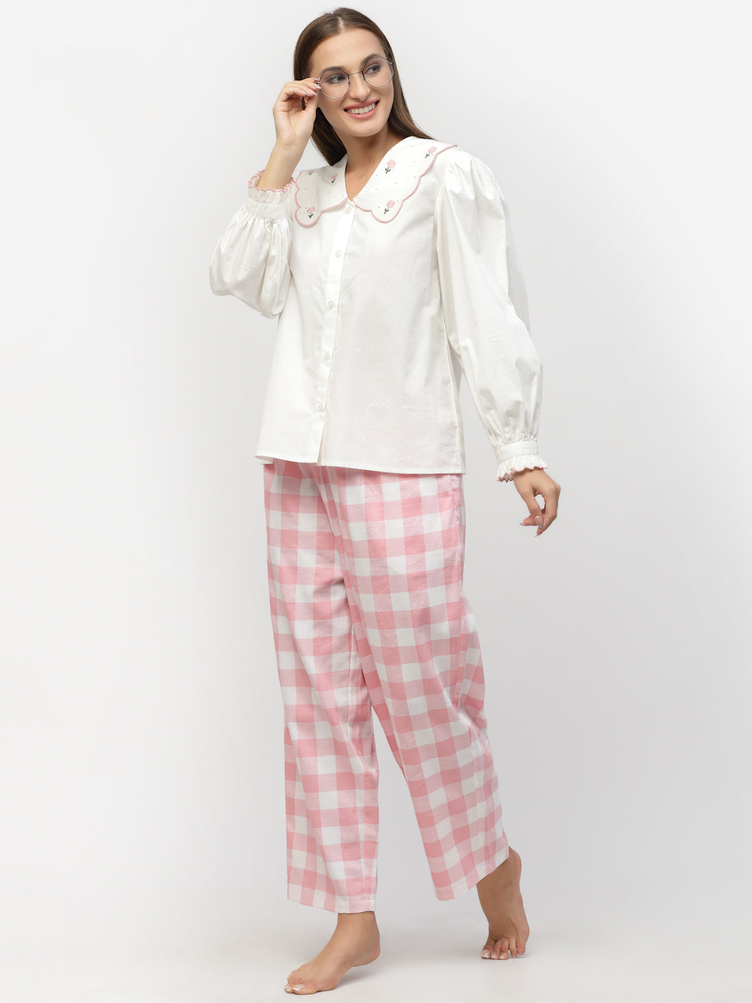 Blanc9 White Solid With Pink Check Cotton Pyjama Set-B9NW78