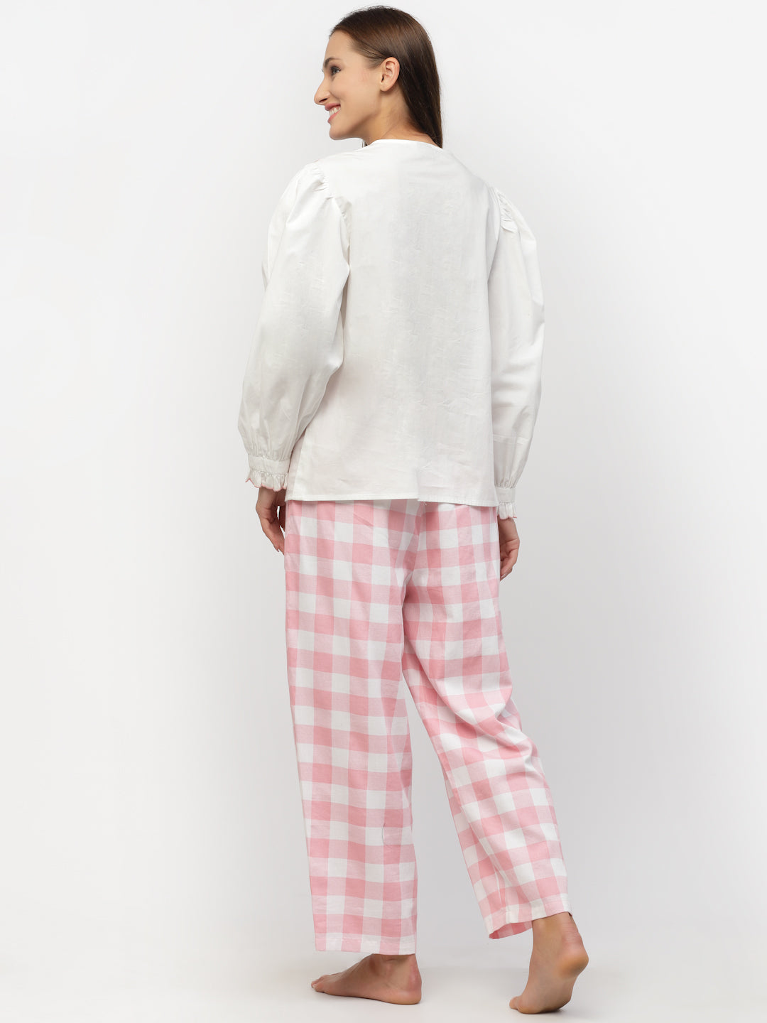 Blanc9 White Solid With Pink Check Cotton Pyjama Set-B9NW78