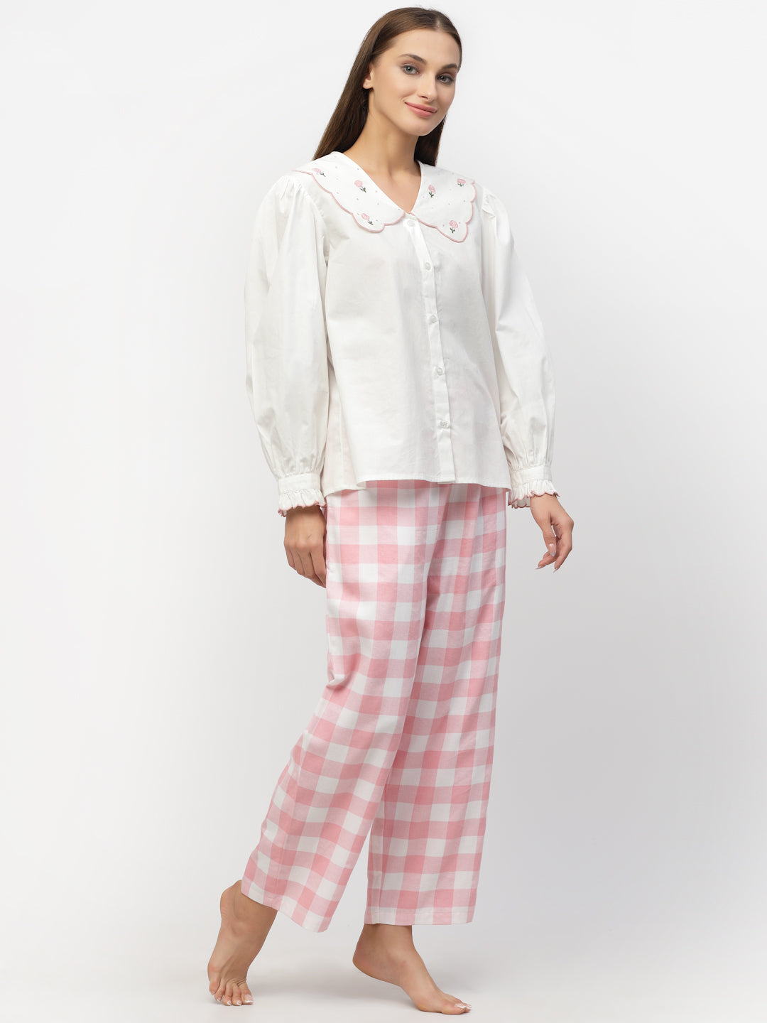 Blanc9 White Solid With Pink Check Cotton Pyjama Set-B9NW78