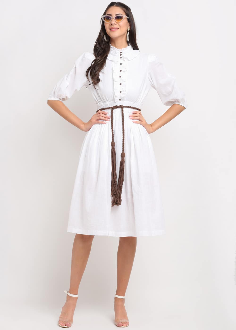 White Dress With Brown Belt - Main Image