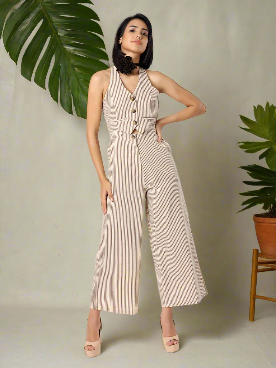 Beige and Black Striper Waistcoat Jumpsuit