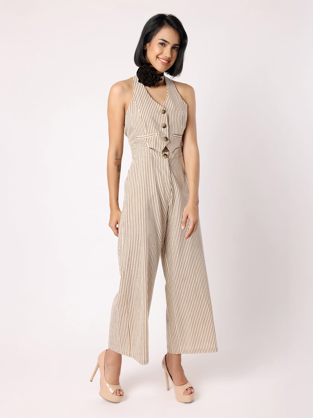 Blanc9 Women Beige And Black Striper Waistcoat Jumpsuit