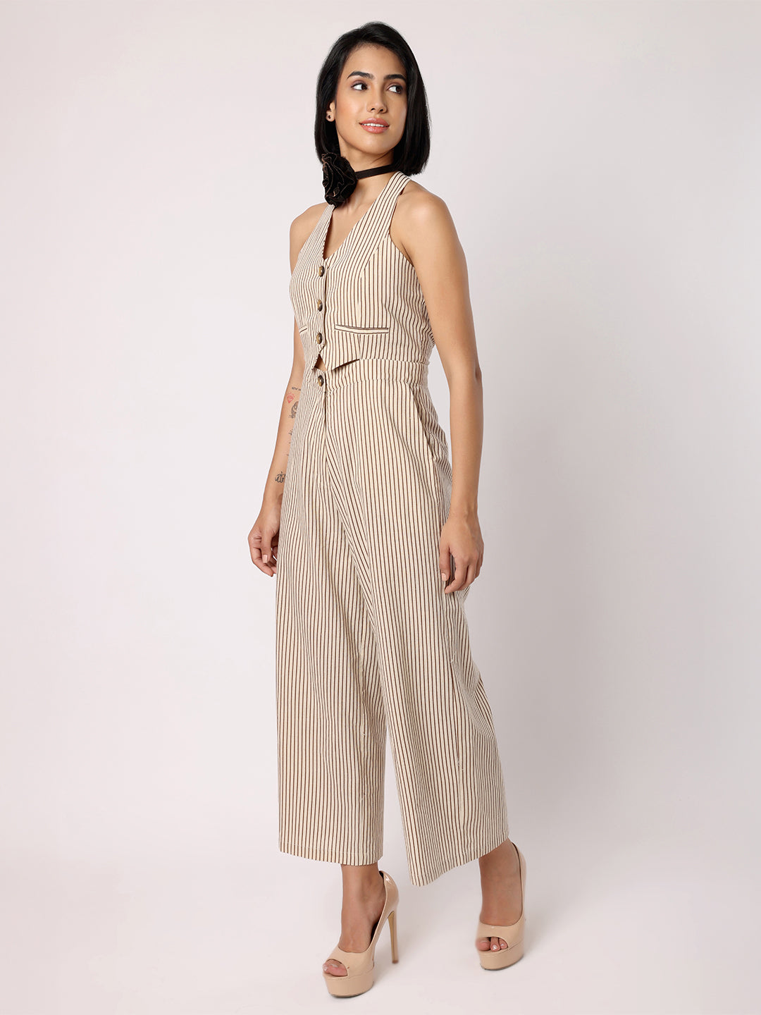 Blanc9 Women Beige And Black Striper Waistcoat Jumpsuit