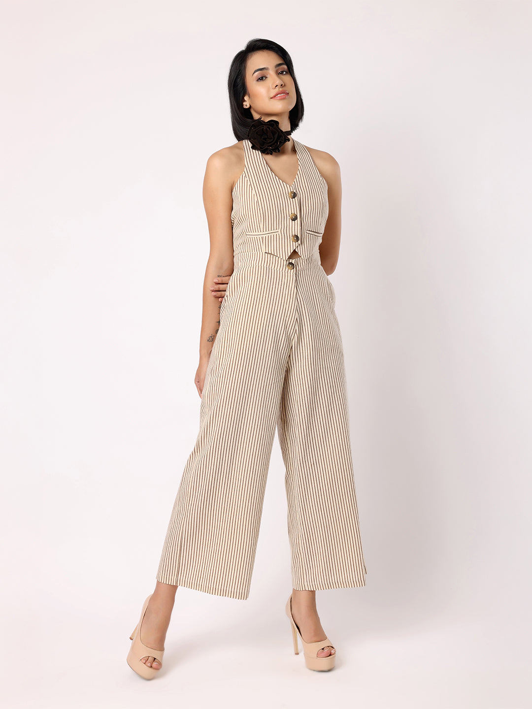 Blanc9 Women Beige And Black Striper Waistcoat Jumpsuit