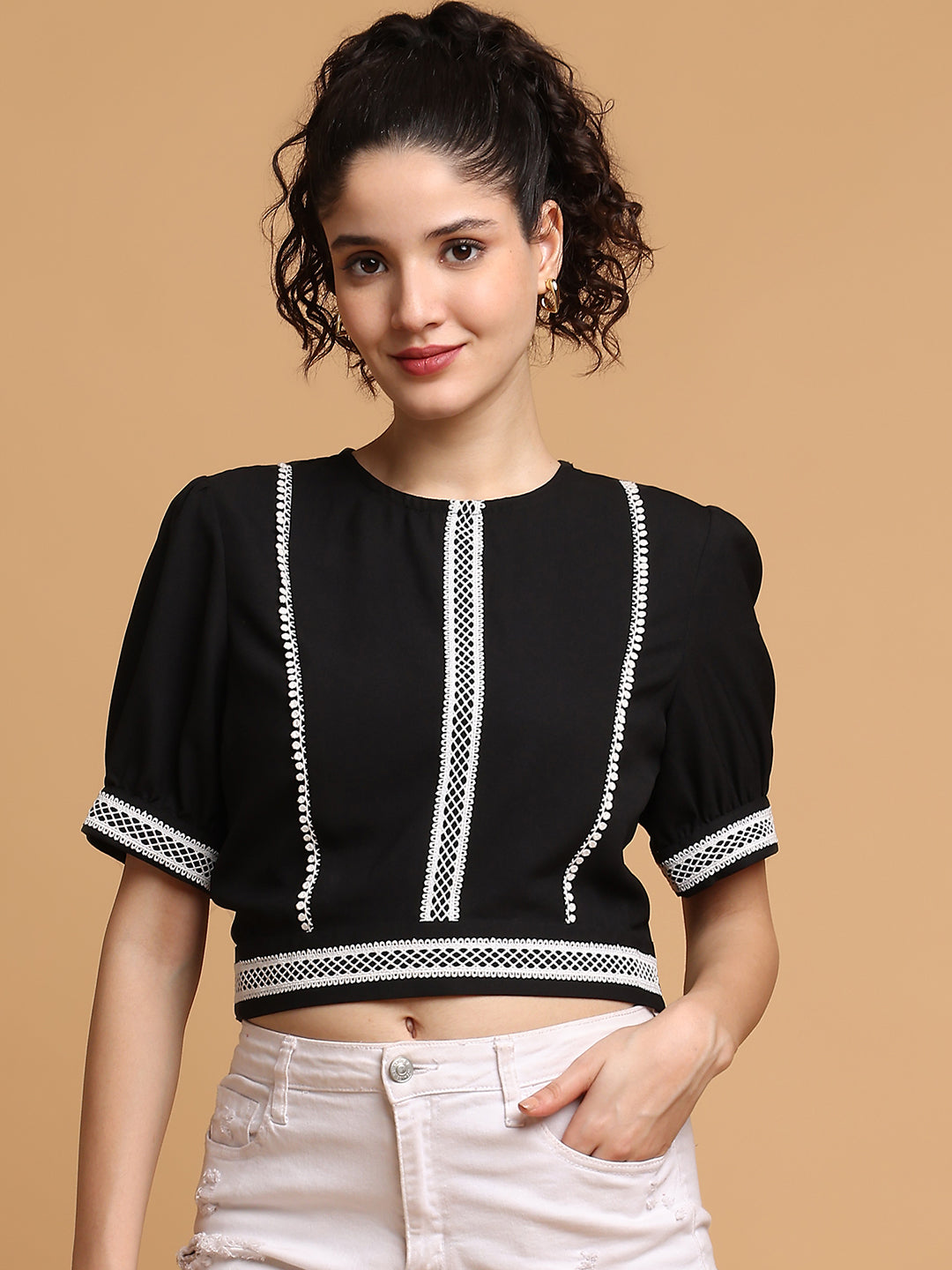 Blanc9 Women Black Contrast Crop Top With White Lace