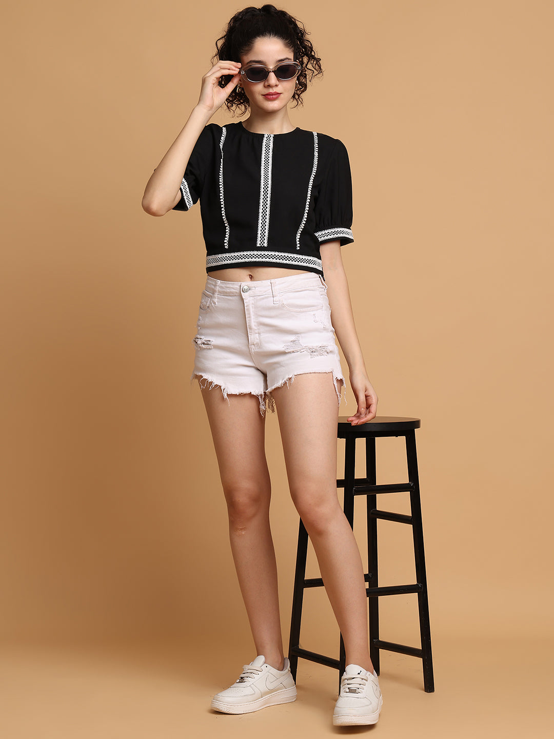 Blanc9 Women Black Contrast Crop Top With White Lace