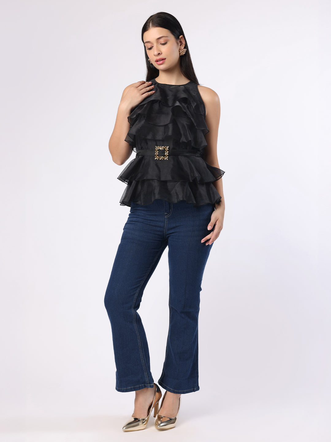 Blanc9 Women Black Frill Top With Mirror Belt