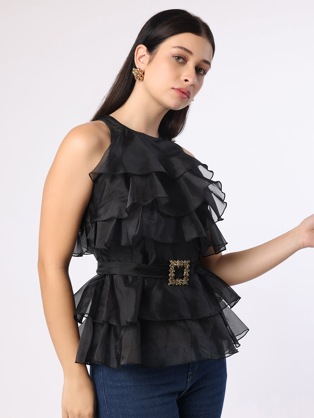 Blanc9 Women Black Frill Top With Mirror Belt