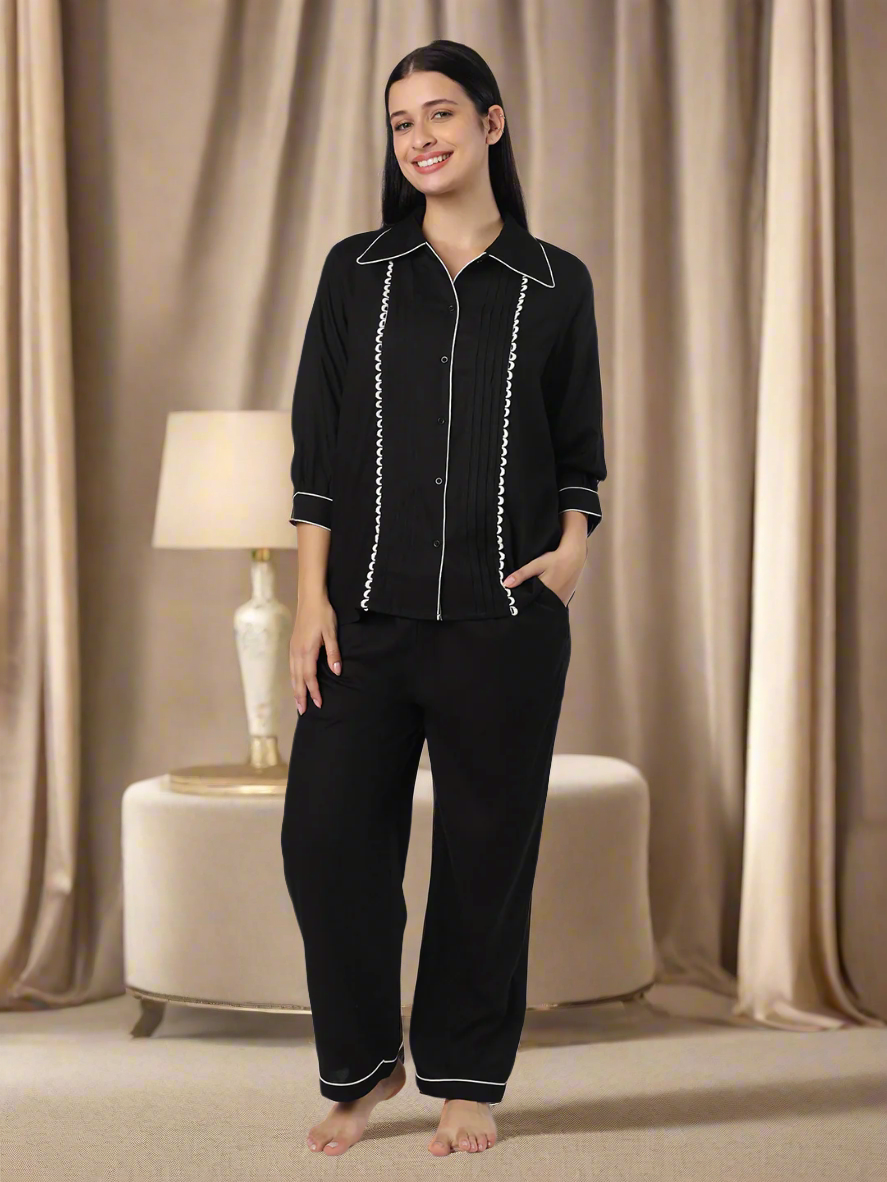 Black Nightwear With Contrast Piping And Lace