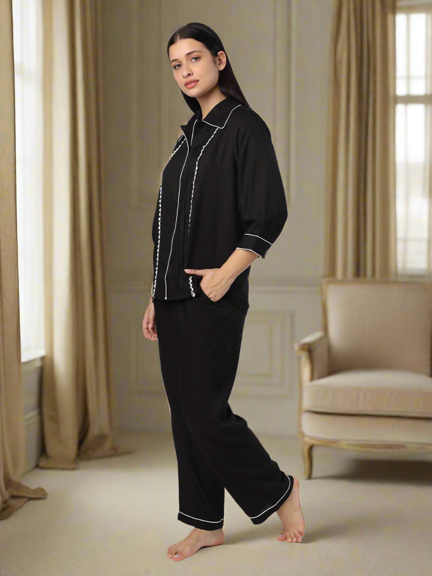 Black Nightwear With Contrast Piping And Lace