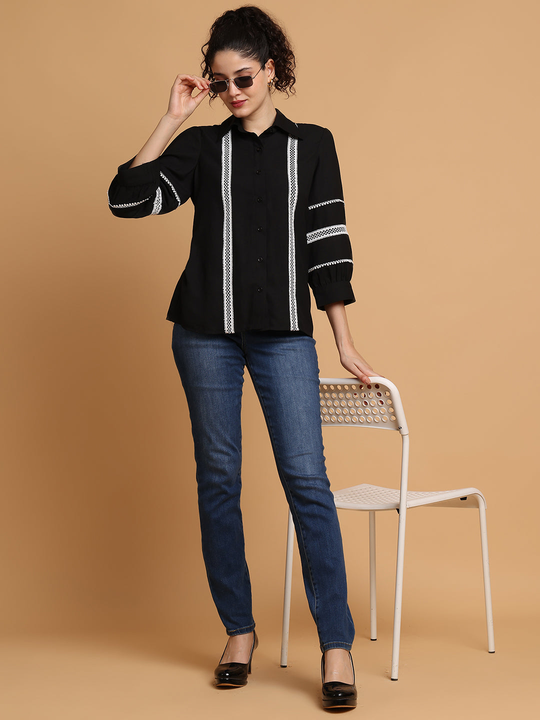 Blanc9 Women Black Shirt With Contrast Lace Detail