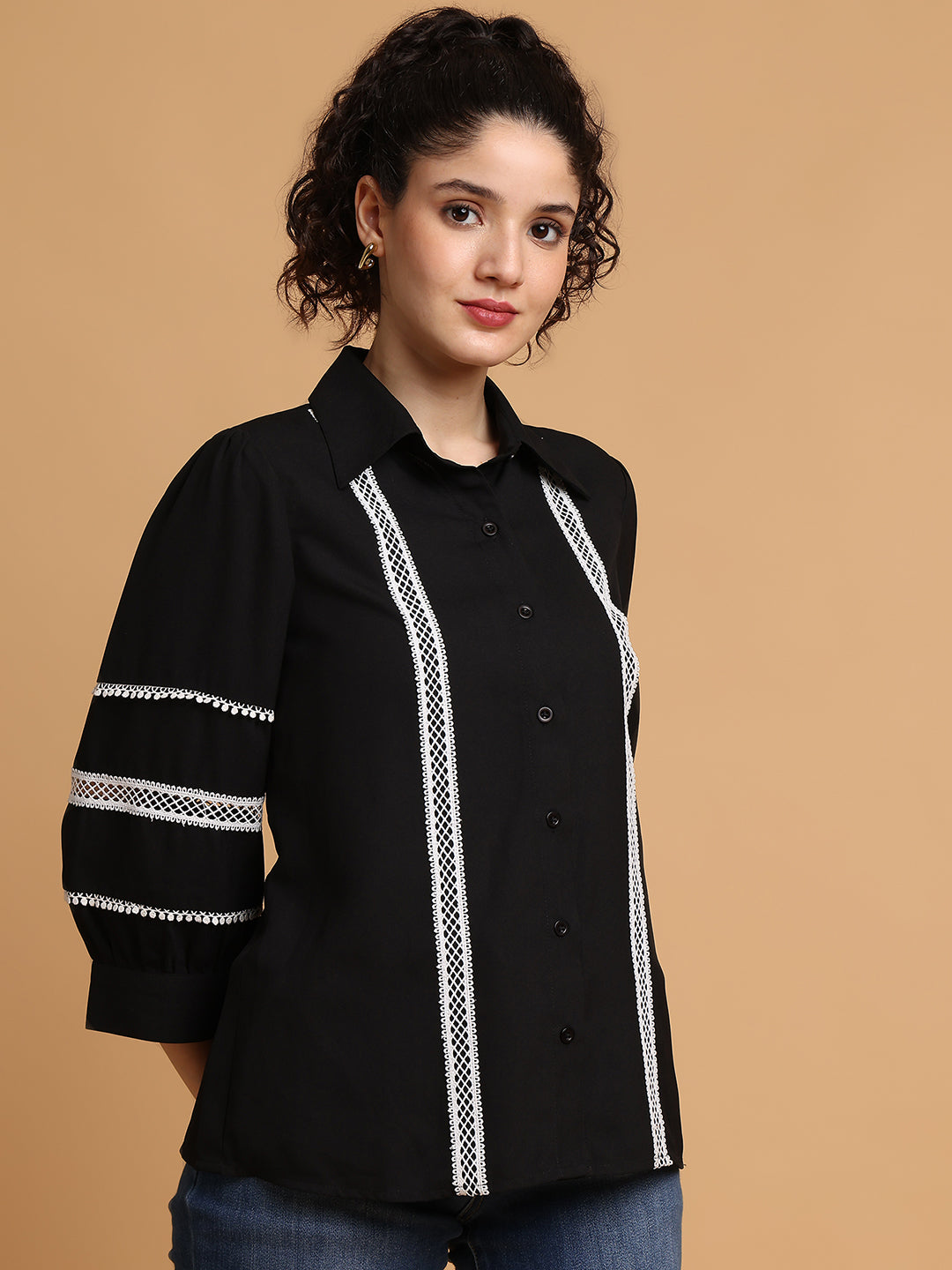 Blanc9 Women Black Shirt With Contrast Lace Detail