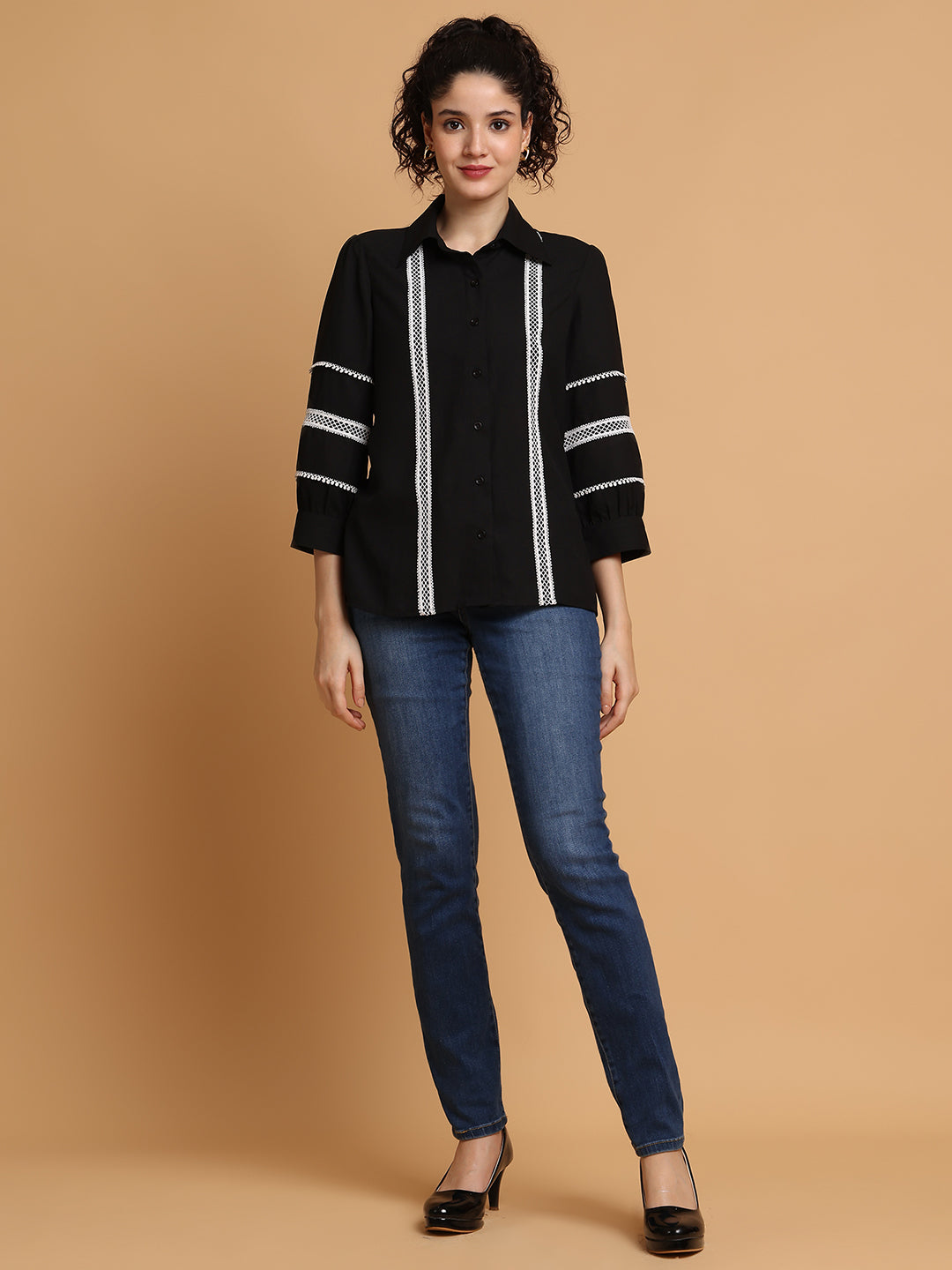 Blanc9 Women Black Shirt With Contrast Lace Detail