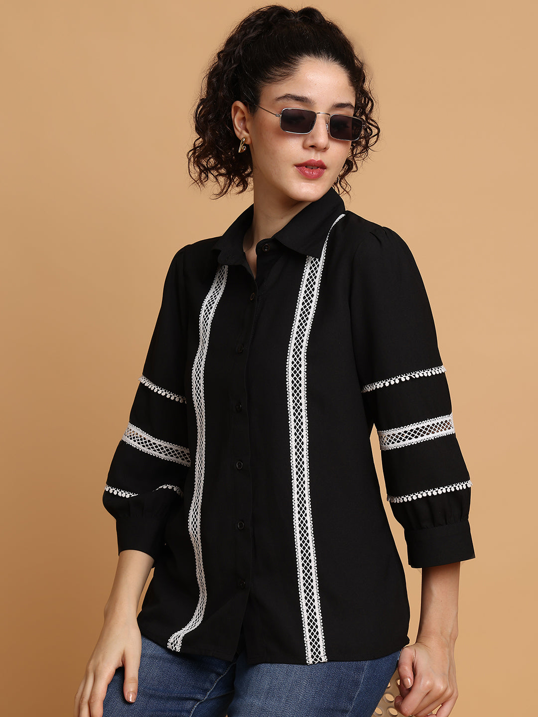 Blanc9 Women Black Shirt With Contrast Lace Detail