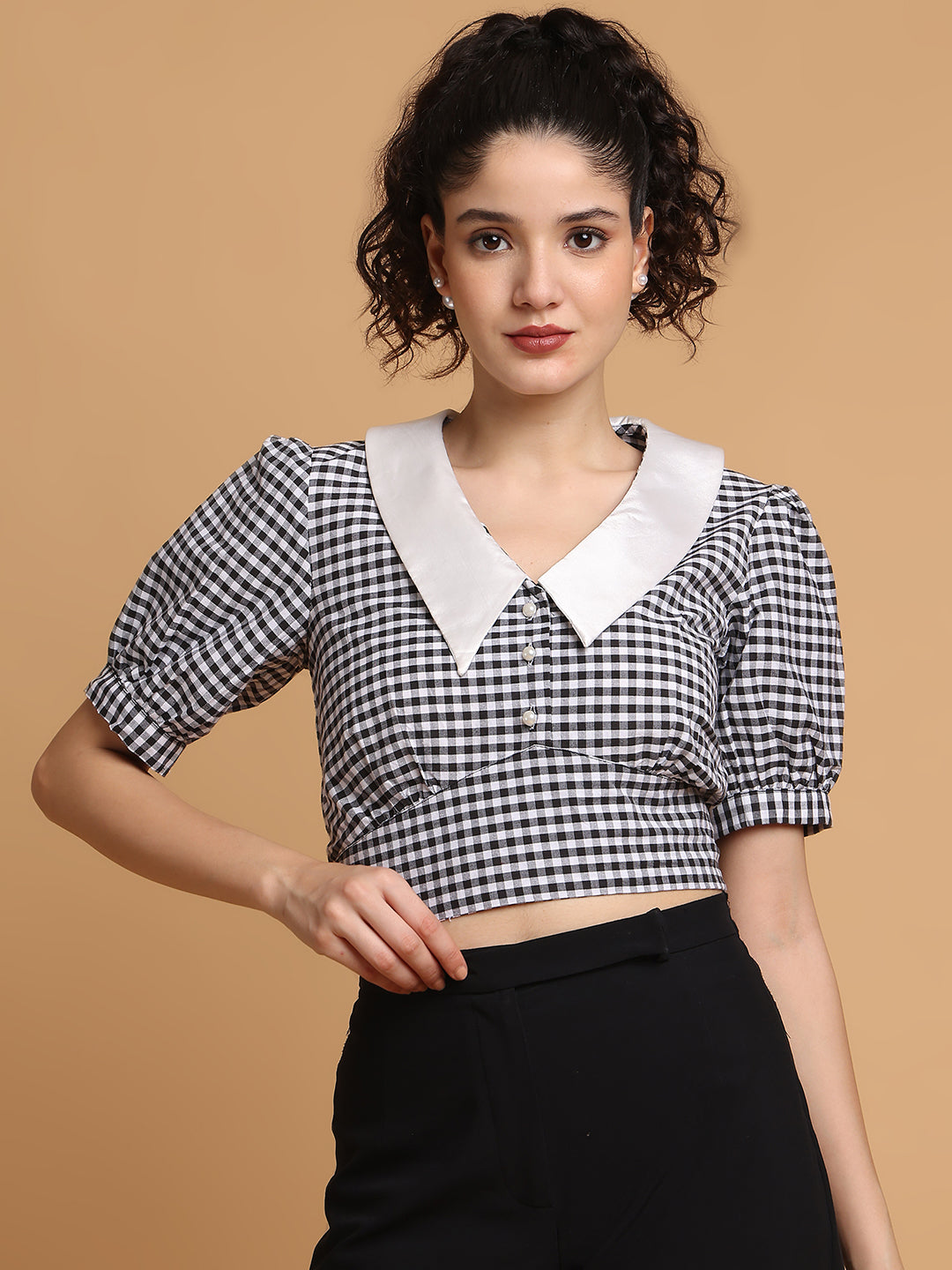 Blanc9 Women Black & White Checkered Crop Top With Contrast Collar