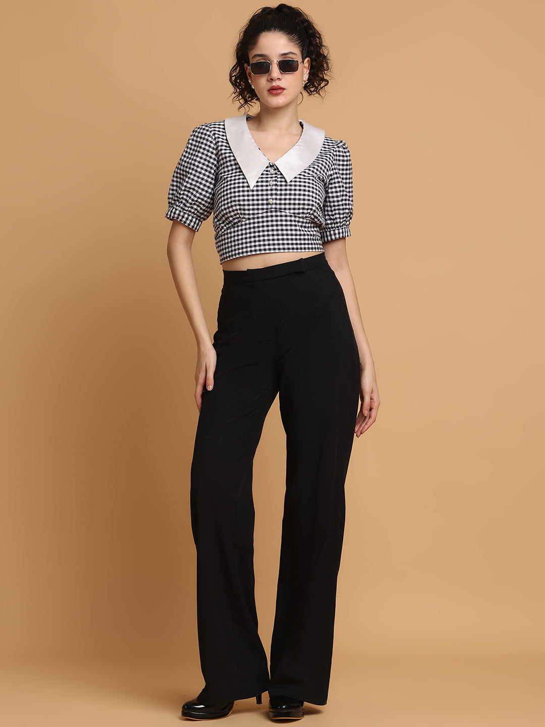 Blanc9 Women Black & White Checkered Crop Top With Contrast Collar