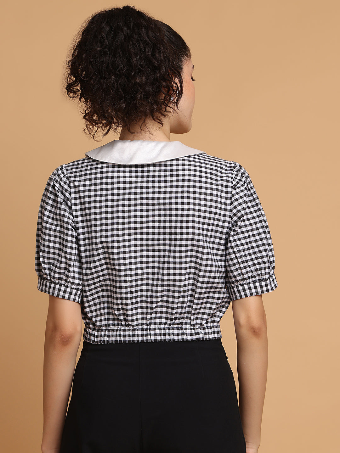 Blanc9 Women Black & White Checkered Crop Top With Contrast Collar
