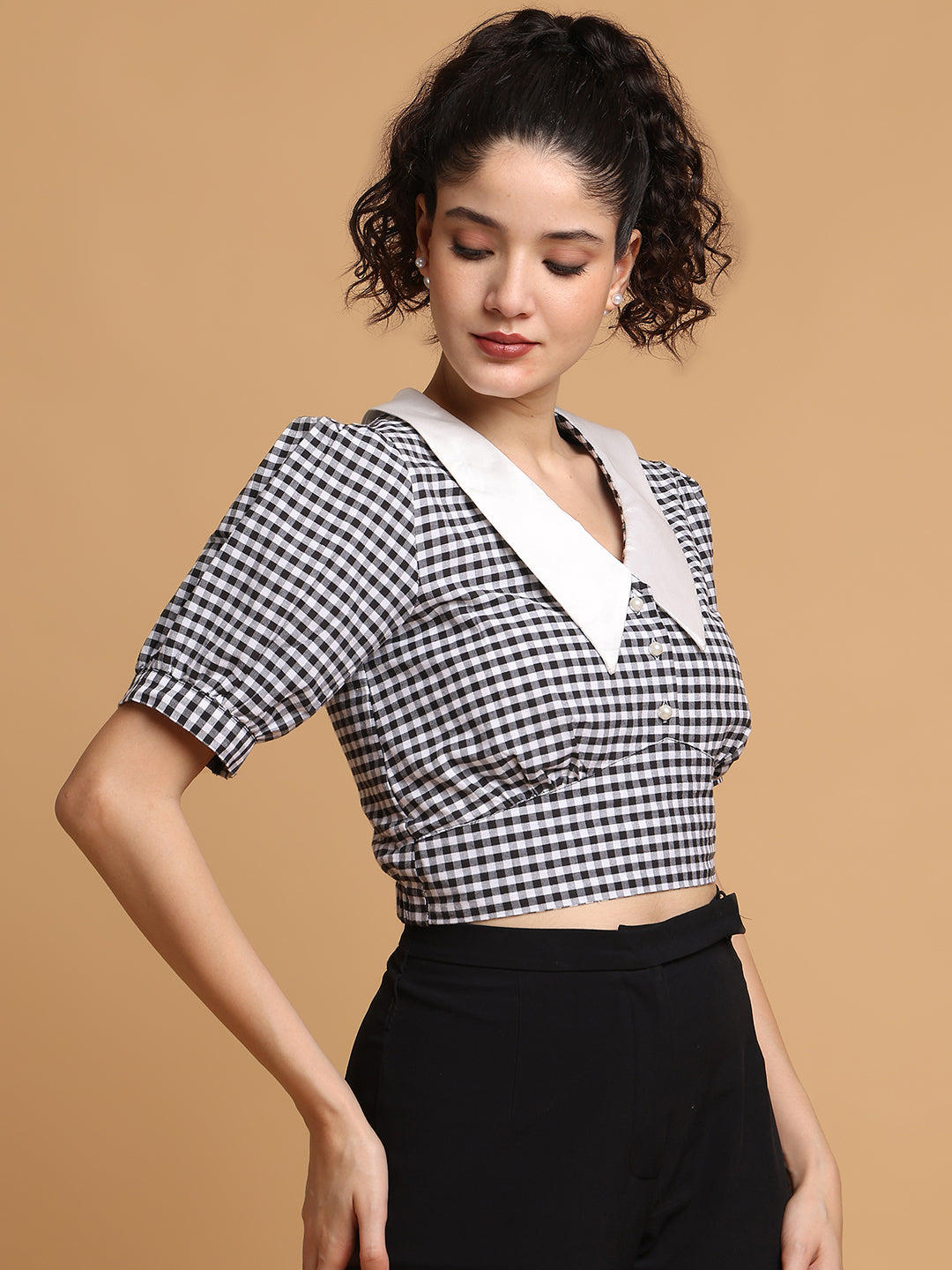Blanc9 Women Black & White Checkered Crop Top With Contrast Collar