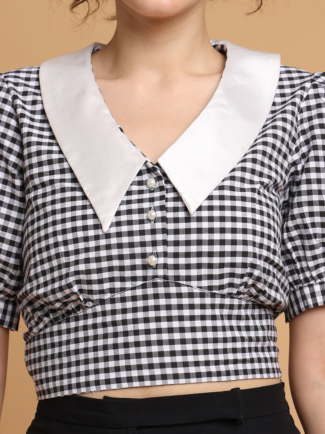 Blanc9 Women Black & White Checkered Crop Top With Contrast Collar