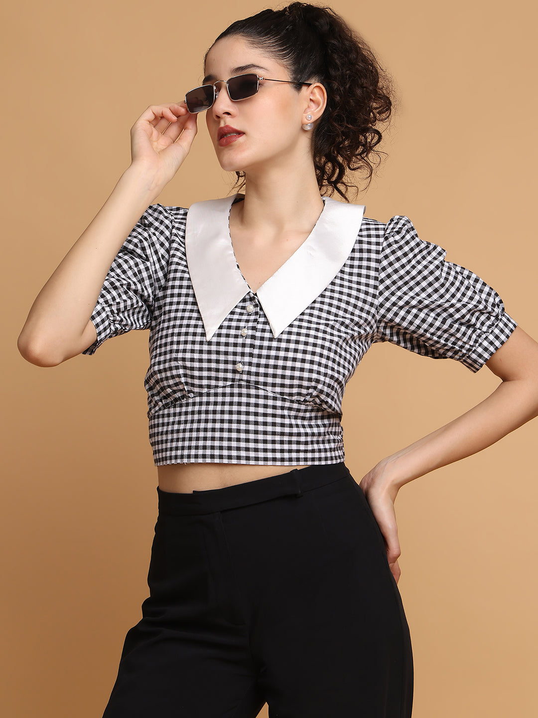Blanc9 Women Black & White Checkered Crop Top With Contrast Collar