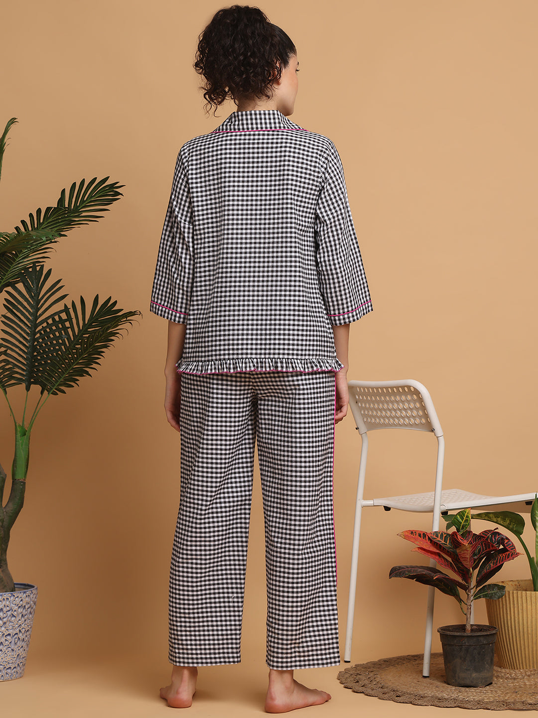 Blanc9 Women Black & White Checkered Nightwear With Pink Piping