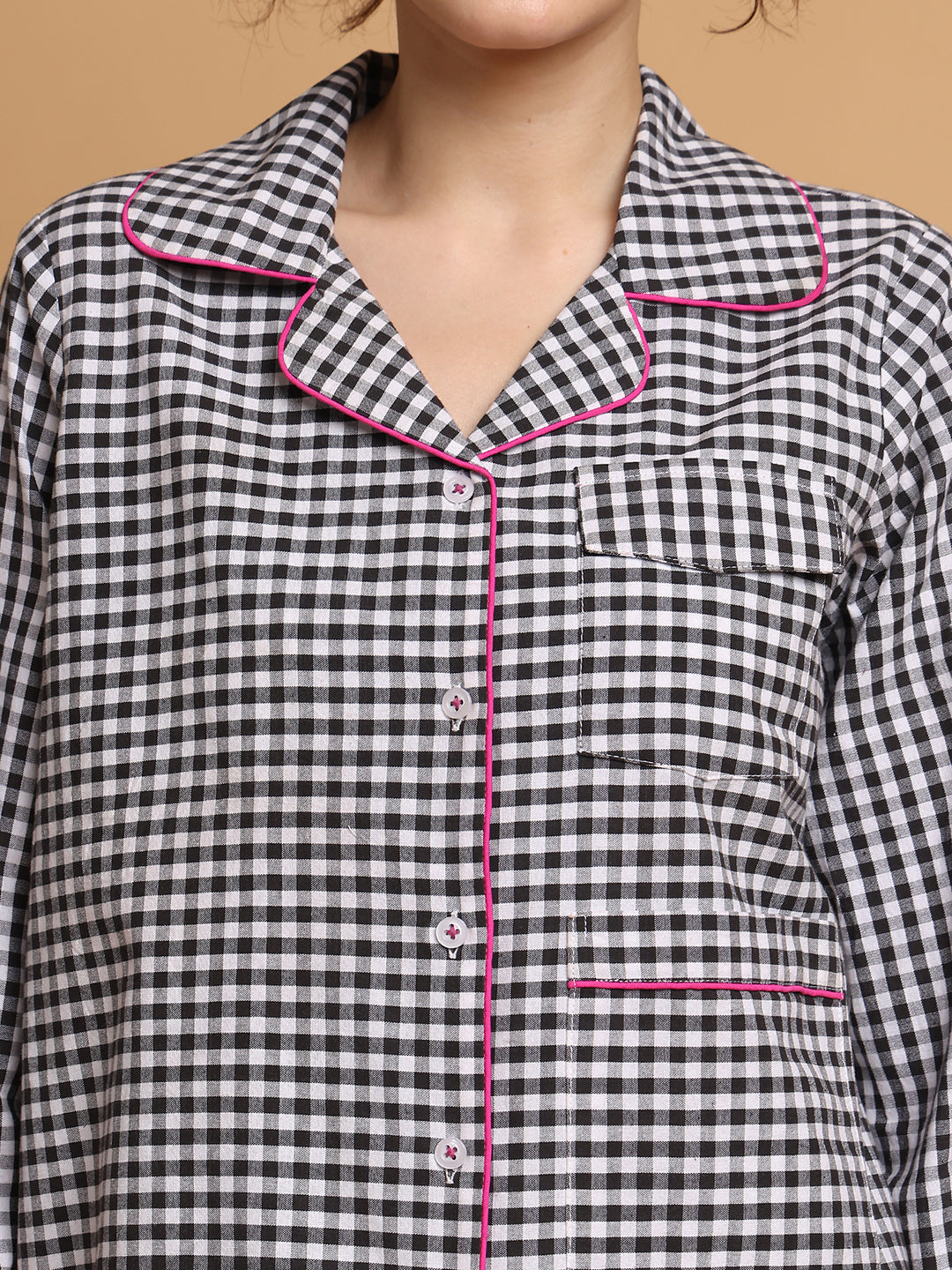 Blanc9 Women Black & White Checkered Nightwear With Pink Piping
