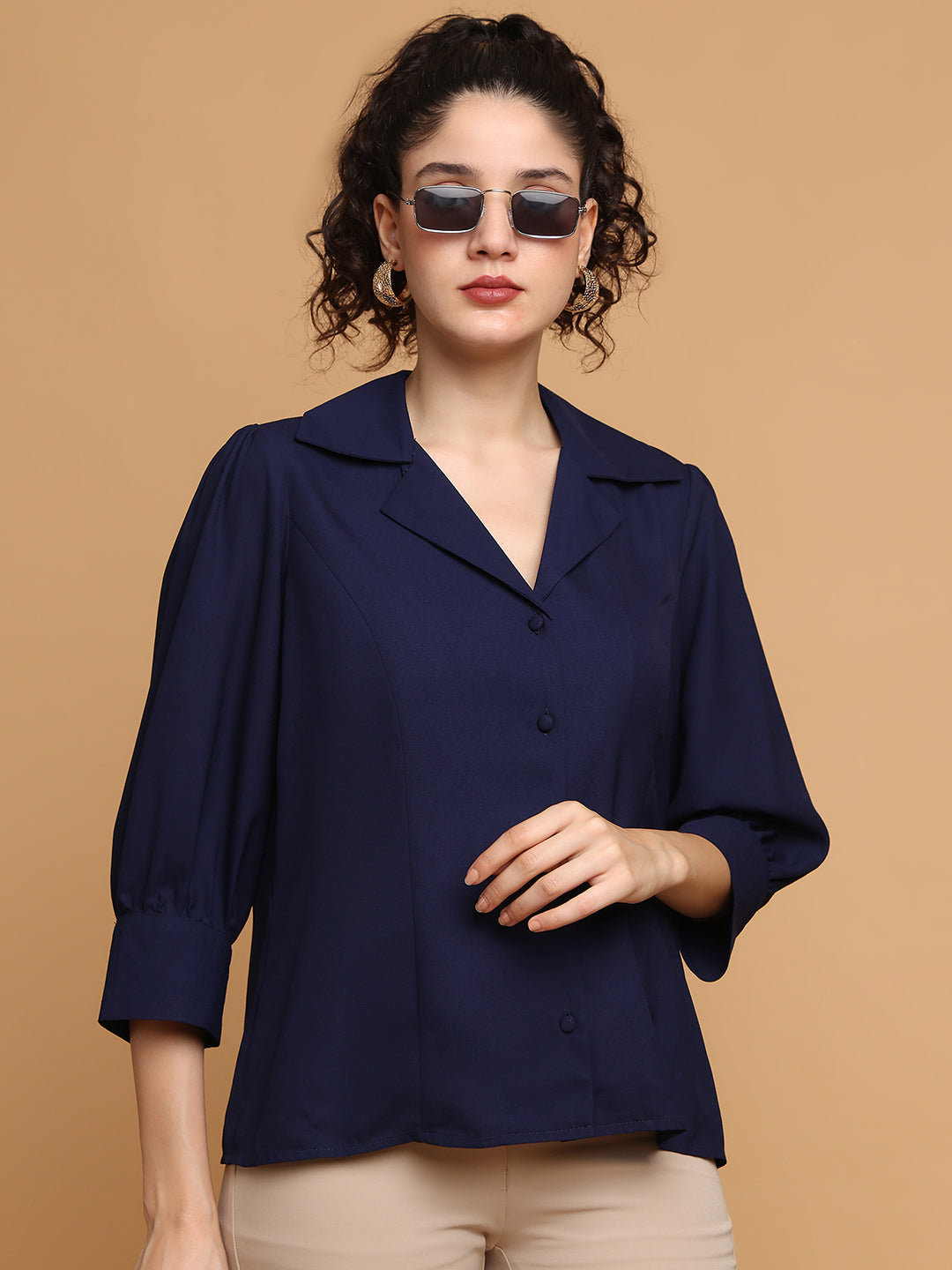 Navy Blue Formal Shirt With Lapel Collar