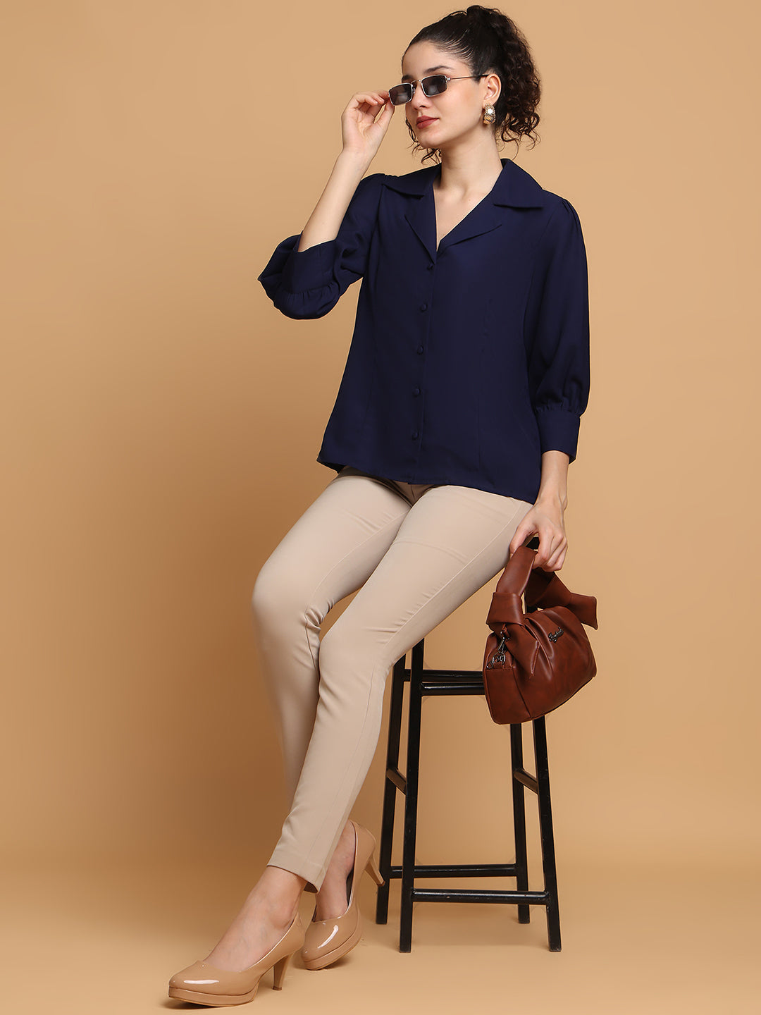Navy Blue Formal Shirt With Lapel Collar