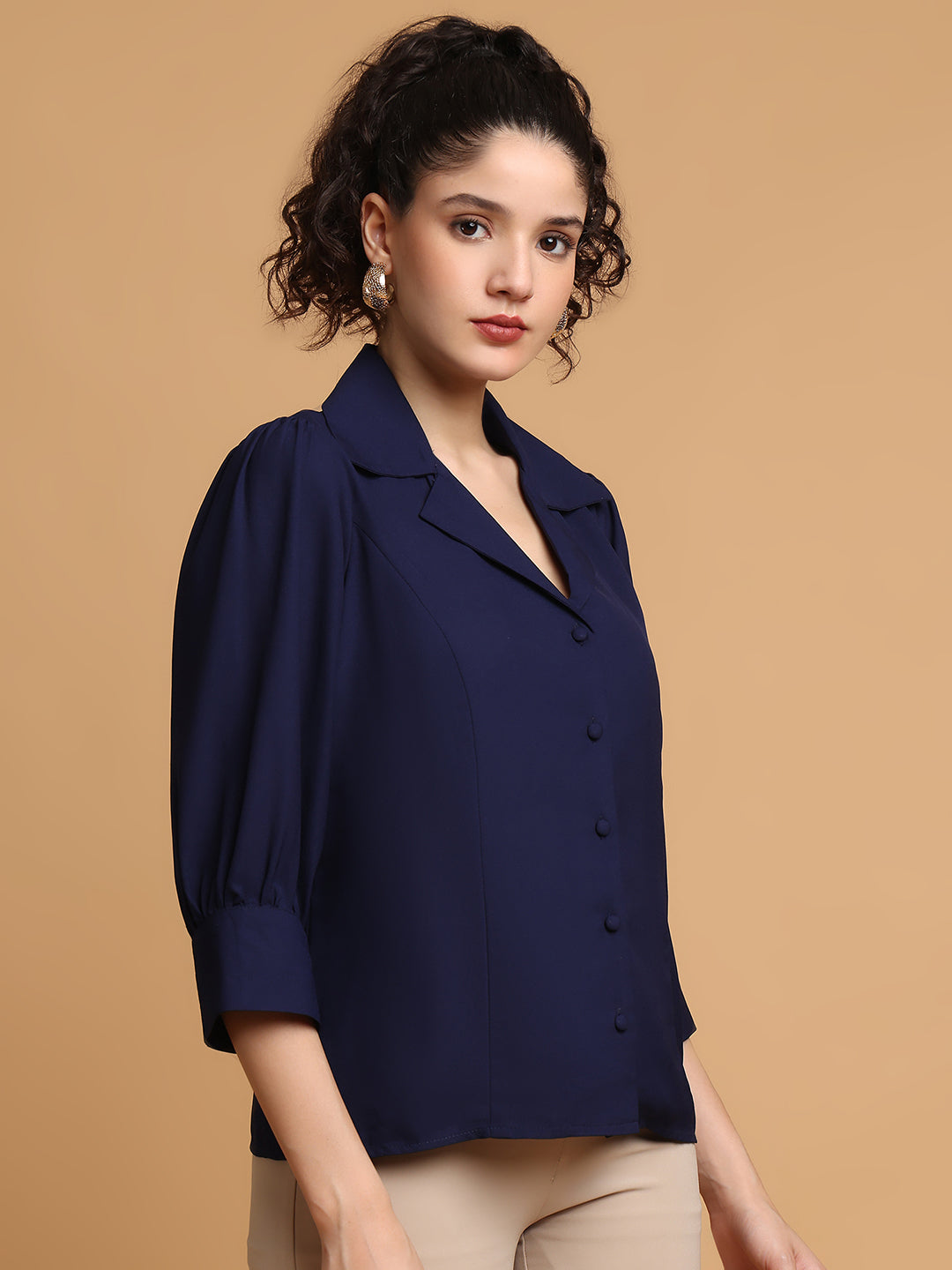 Navy Blue Formal Shirt With Lapel Collar