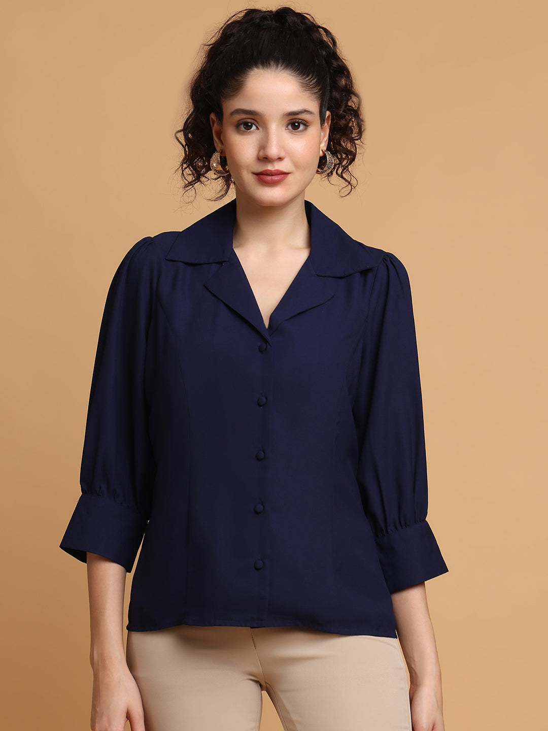 Navy Blue Formal Shirt With Lapel Collar