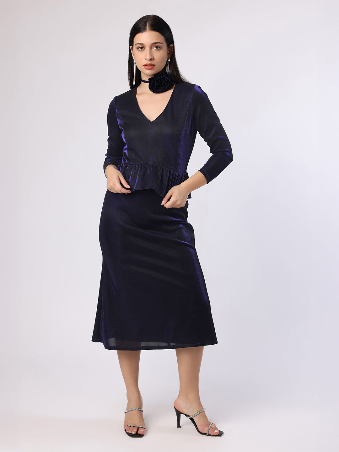 Blanc9 Women Blue Lycra Lurex Skirt And Top With Flower String Brooch