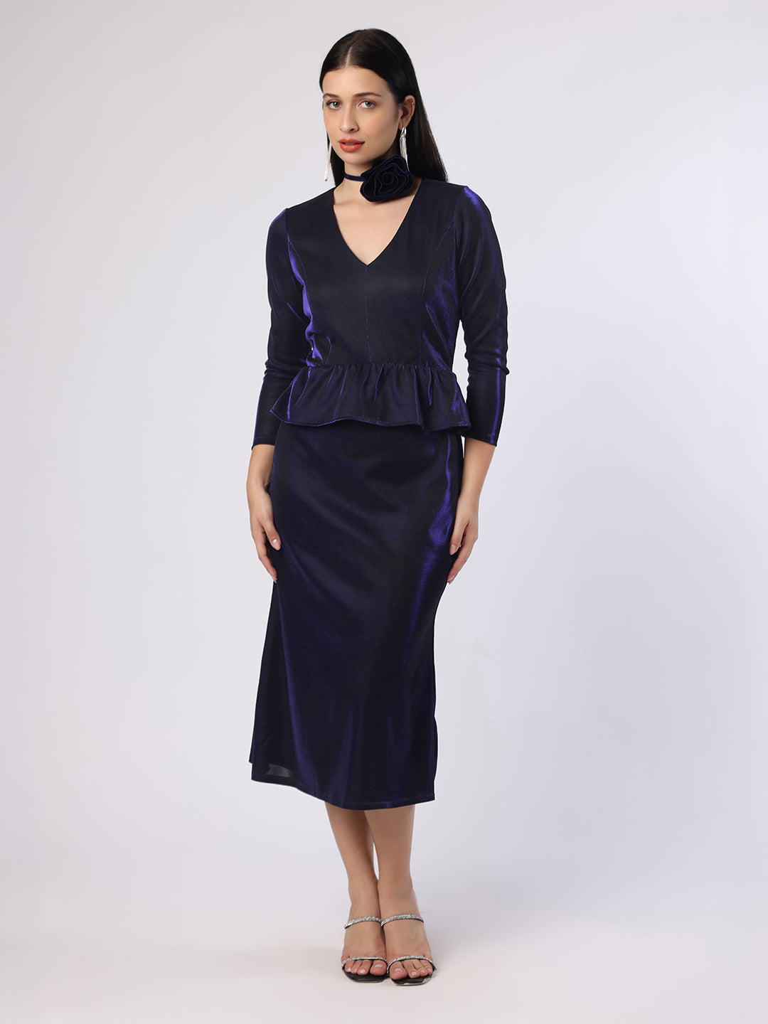 Blanc9 Women Blue Lycra Lurex Skirt And Top With Flower String Brooch