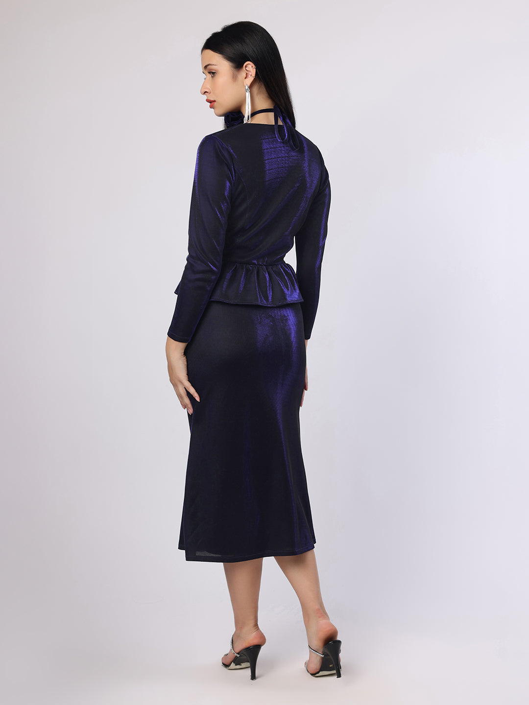 Blanc9 Women Blue Lycra Lurex Skirt And Top With Flower String Brooch