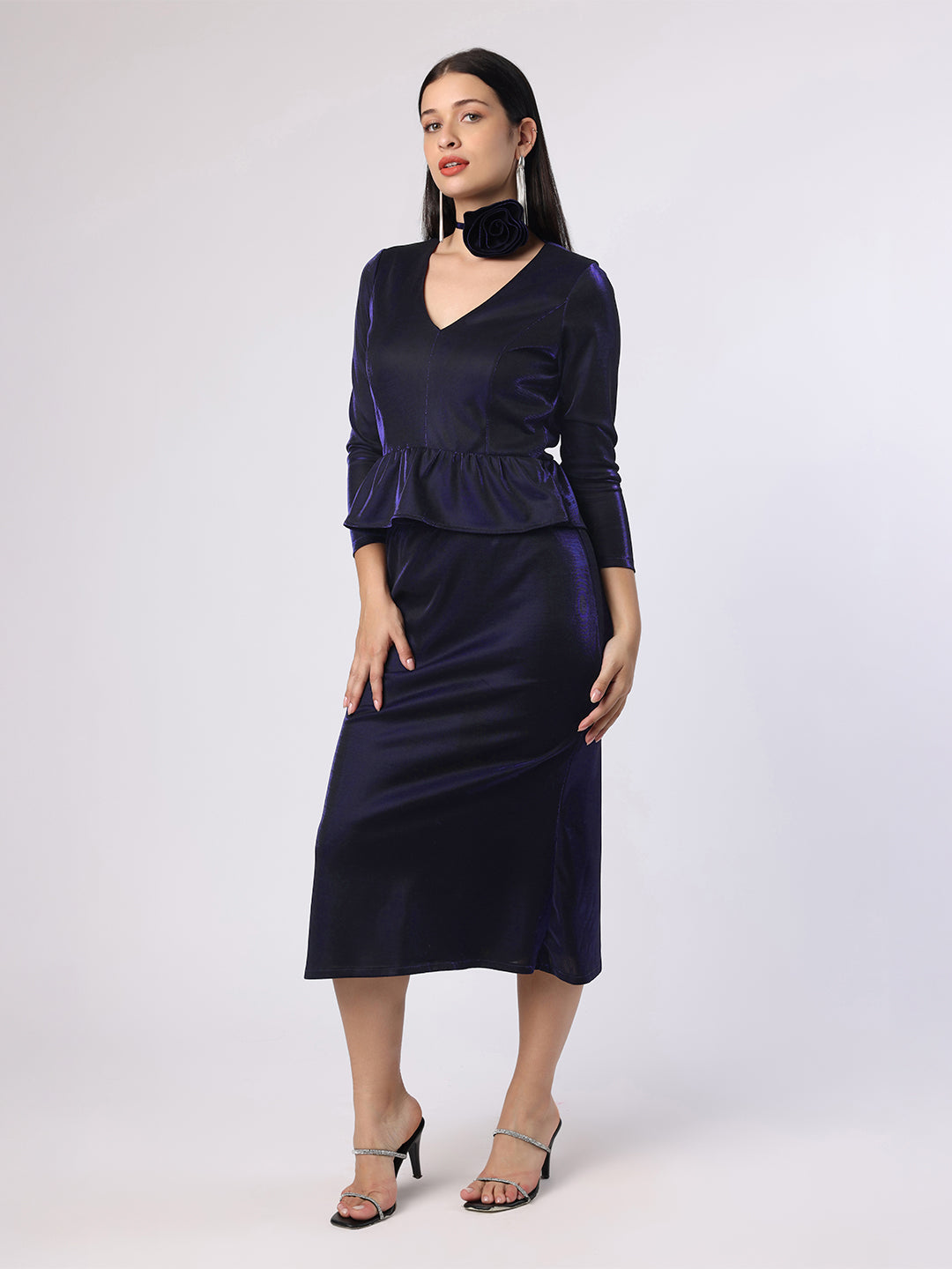 Blanc9 Women Blue Lycra Lurex Skirt And Top With Flower String Brooch