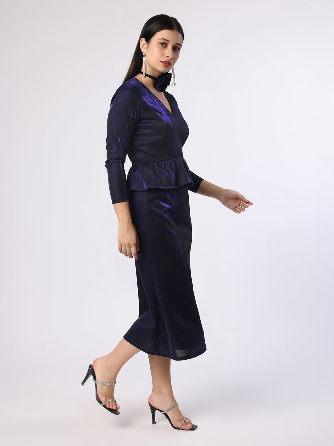 Blanc9 Women Blue Lycra Lurex Skirt And Top With Flower String Brooch