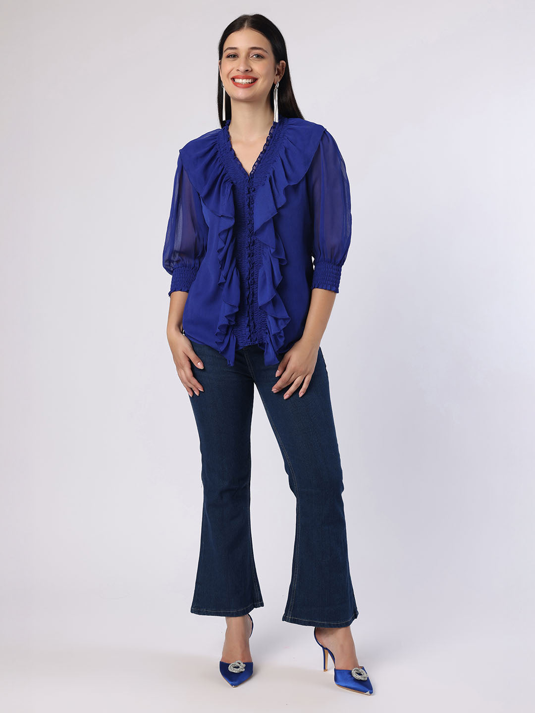 Blanc9 Women Blue Top With Front Frills