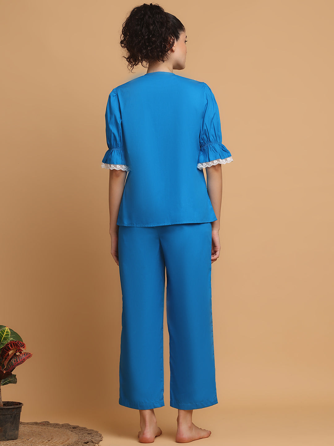 Blanc9 Women Bright Blue Pyjama Set With Lace At Collar