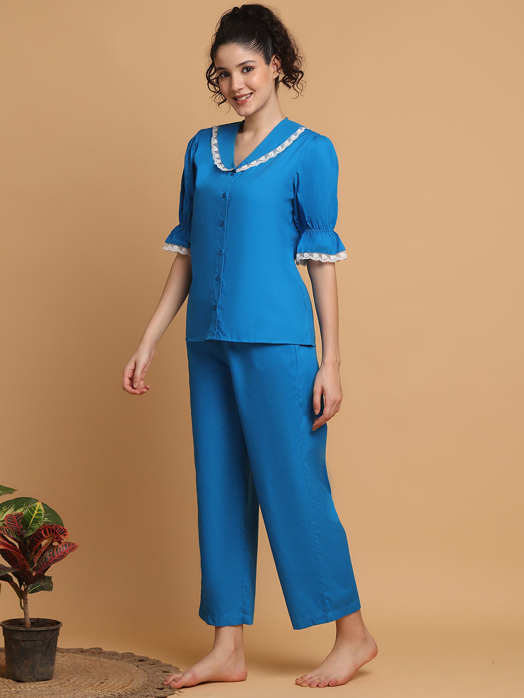 Blanc9 Women Bright Blue Pyjama Set With Lace At Collar